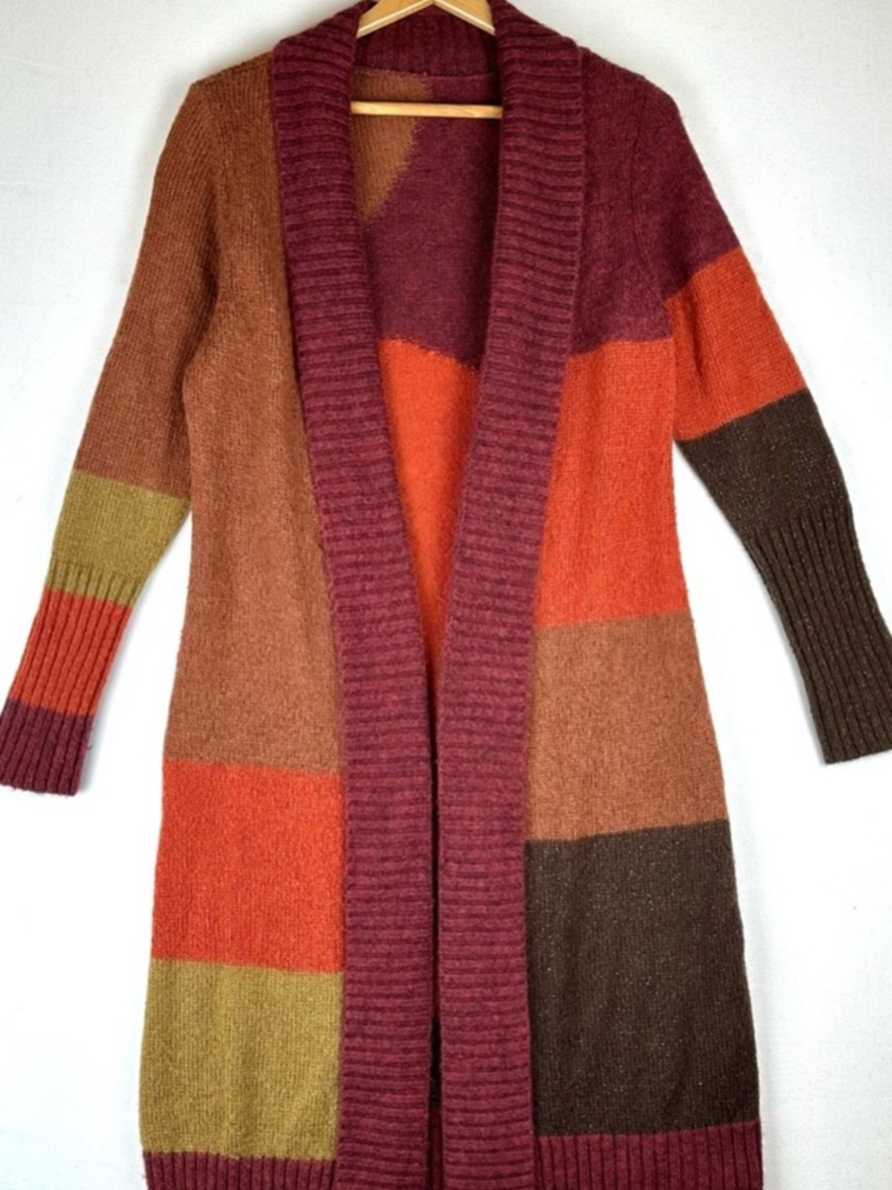Chicos Long Open-Front Colorblock Cardigan Sweater - Burgundy Multi Sz 3